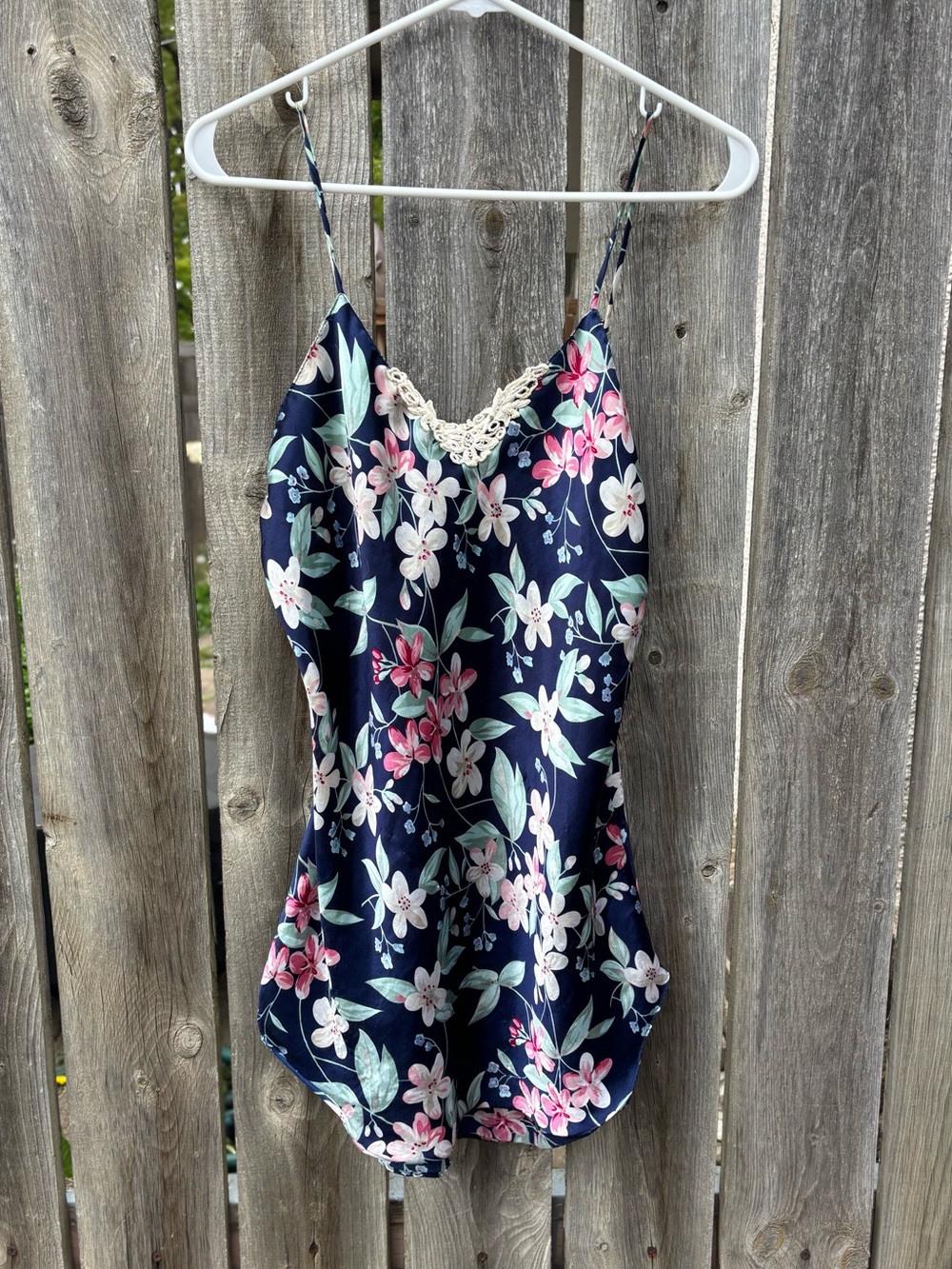 Vintage Navy Floral Satin and Lace Slip Dress